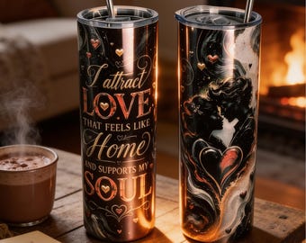 I Attract Love Tumbler | Romantic Couple Silhouette, Red Black Gold Hearts (20oz)