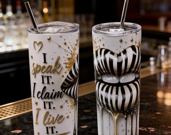 Zebra Lips Tumbler | Black White Gold Affirmation Cup | Speak It Claim It Manifestation 20oz