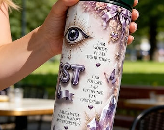 Manifestation Affirmation Tumbler | 20oz Stainless Steel Water Bottle | Crystal & Evil Eye Cup | Spiritual Gift
