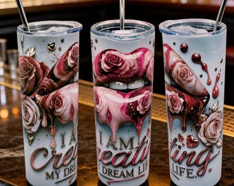 Pink Rose Lips Tumbler | Affirmation Cup, Manifestation Drinkware, Gold Floral Design