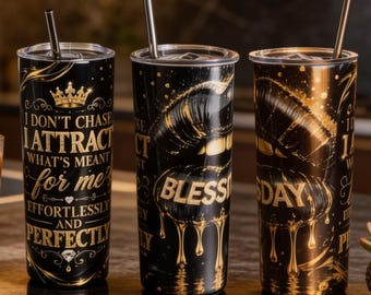 Black Gold Manifestation Tumbler | I Don't Chase, I Attract Affirmation Cup