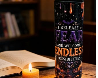 Halloween Affirmation Water Bottle | Release Fear Tumbler | Purple Orange Pumpkin 20oz Stainless Steel Bottle
