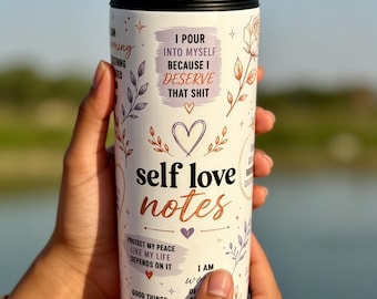 Self Love Notes Tumbler | 20oz Stainless Steel Water Bottle, Positive Affirmations Cup