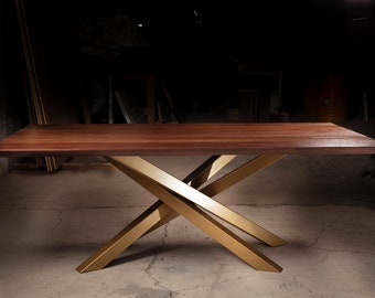 Solid Peruvian Walnut Dining Table with Criss Cross Metal Base