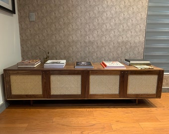 Contemporary Rattan Walnut Finish Credenza