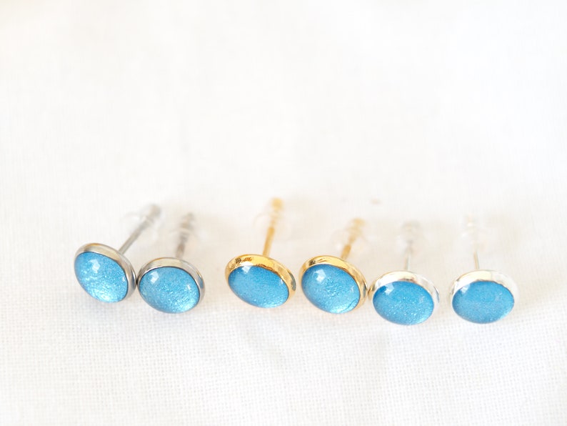 Blue Stud Earrings, Small 8mm Stainless Steel Stud Earrings, Waterproof Earrings in Blue, Gifts for Women image 2