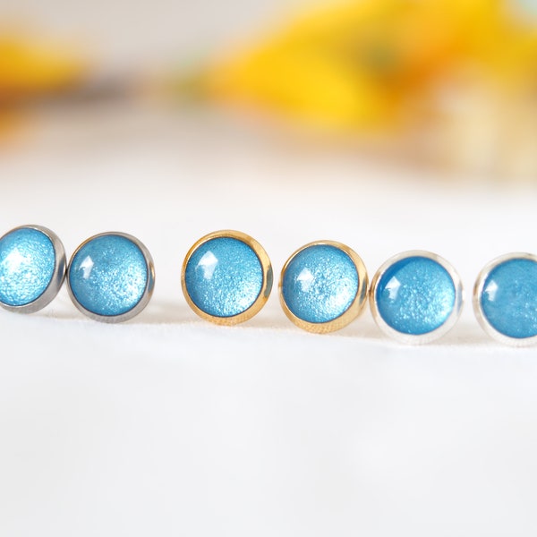 Blue Stud Earrings, Small 8mm Stainless Steel Stud Earrings, Waterproof Earrings in Blue, Gifts for Women