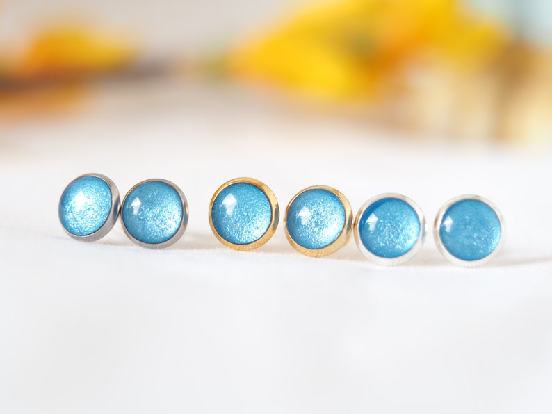 Blue Stud Earrings, Small 8mm Stainless Steel Stud Earrings, Waterproof Earrings in Blue, Gifts for Women image 1