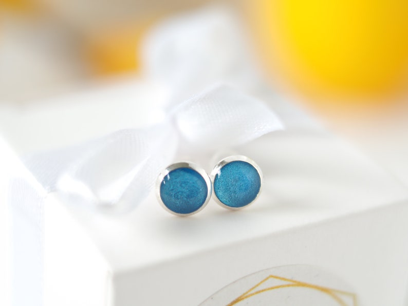 Blue Stud Earrings, Small 8mm Stainless Steel Stud Earrings, Waterproof Earrings in Blue, Gifts for Women image 4