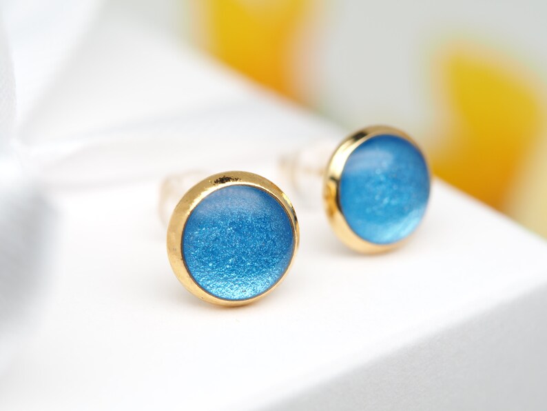 Blue Stud Earrings, Small 8mm Stainless Steel Stud Earrings, Waterproof Earrings in Blue, Gifts for Women Gold