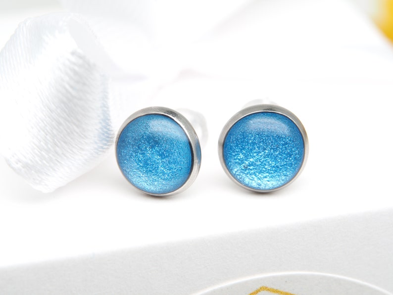 Blue Stud Earrings, Small 8mm Stainless Steel Stud Earrings, Waterproof Earrings in Blue, Gifts for Women image 8