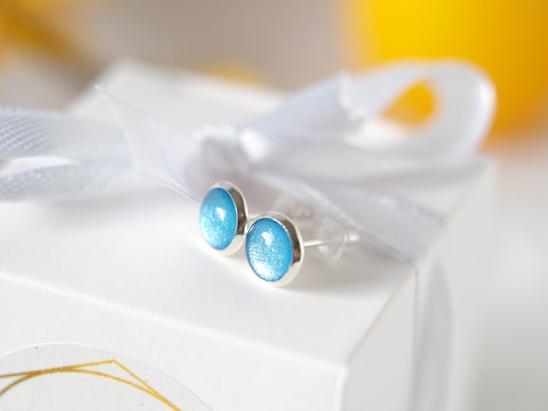 Blue Stud Earrings, Small 8mm Stainless Steel Stud Earrings, Waterproof Earrings in Blue, Gifts for Women image 3