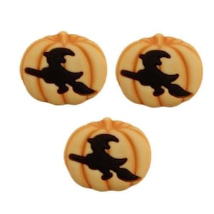 May include: Three orange pumpkin-shaped buttons with a black silhouette of a witch flying on a broomstick inside each pumpkin.