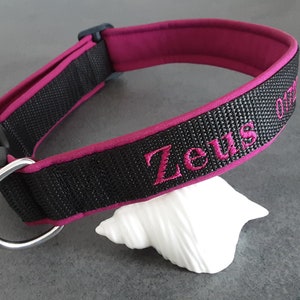 May include: Black dog collar with a pink trim and the name "Zeus" embroidered in pink.