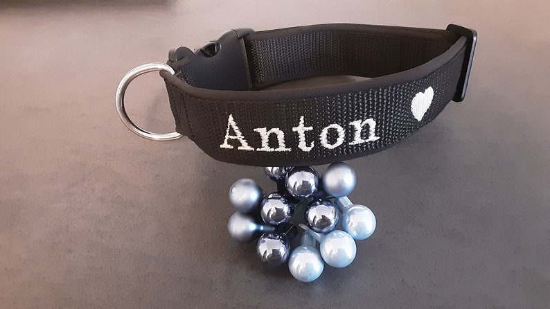 May include: Black dog collar with white embroidery that says "Anton" and a white heart.