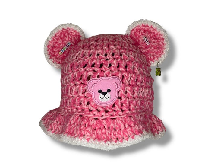 Crochet Bear Ear Bucket Hat – Pink Handmade Chunky Texture