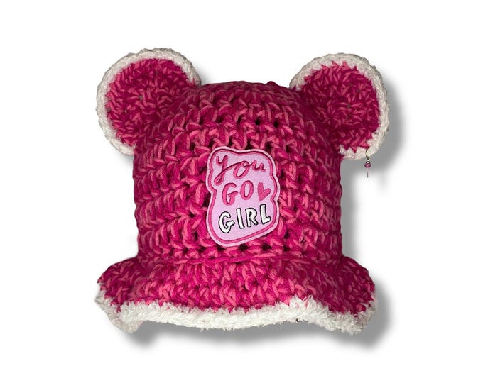 Handmade Pink Crochet Bucket Hat – Bear Ears, Chunky Yarn, 'You Go Girl' Patch