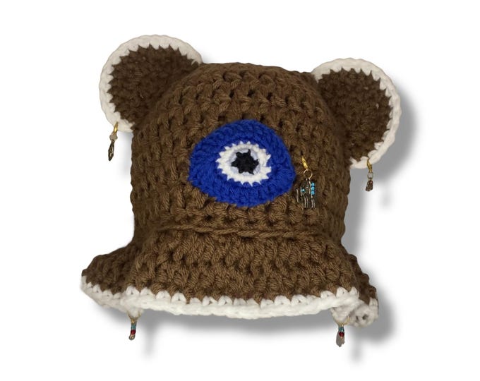 Crochet Bear Ear Bucket Hat – Handmade Evil Eye, Cafe Latte