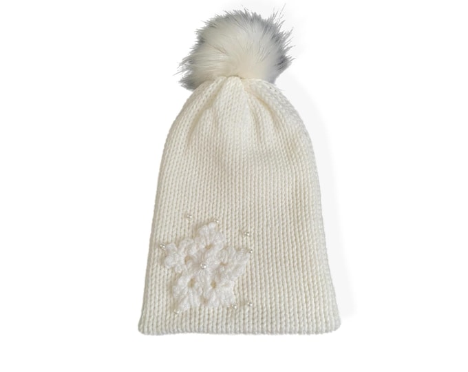 Snowflake Beanie, Acrylic Knit with Pearl Beads
