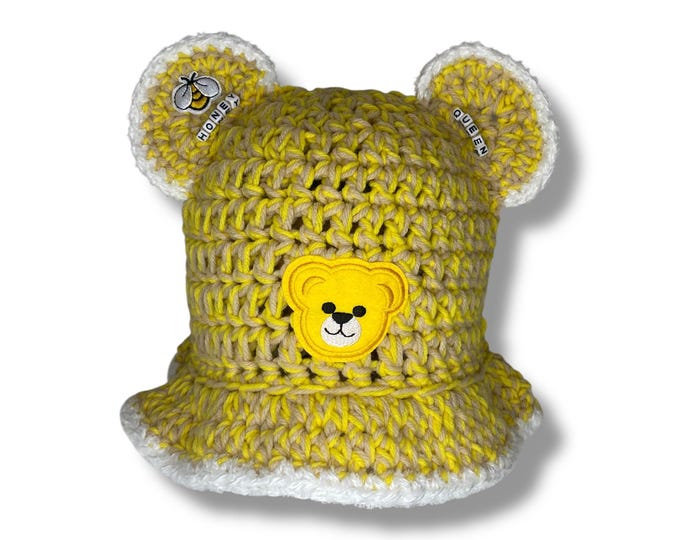 Handmade Crochet Bear Ear Bucket Hat – Honey Queen, Adult Size