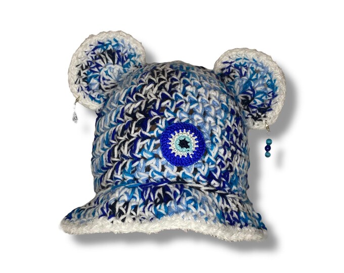 Evil Eye Crochet Bear Ear Bucket Hat – Handmade Protective Charm
