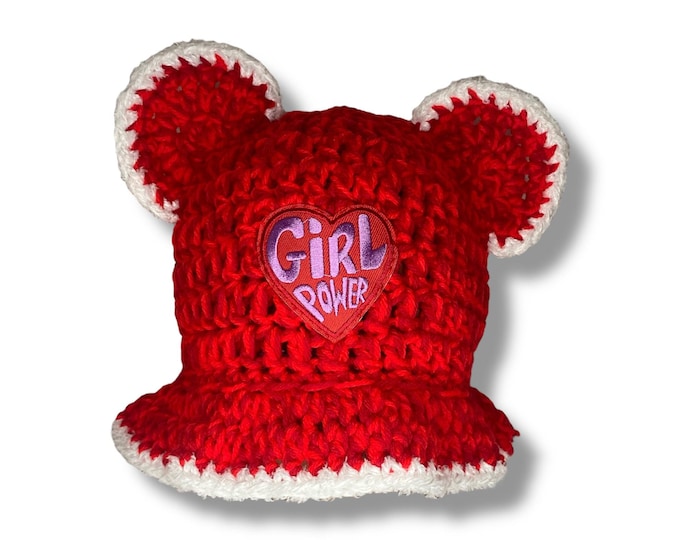 Girl Power Crochet Bear Ear Hat – Red Handmade Bucket Hat