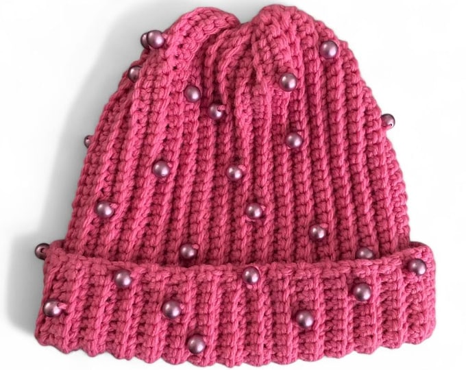 Fuchsia Ribbed Beanie with Pearls, Acrylic Knit Winter Hat