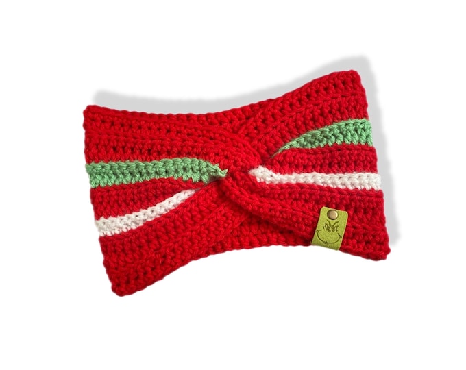 The Grinch Ear Warmer • Holiday Crochet Headband with Grinch Tag