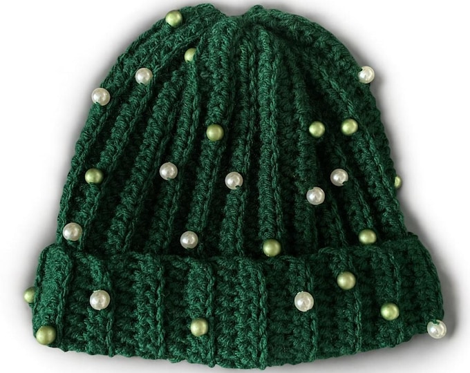Emerald Green Beanie, Acrylic Knit with Pearl Beads