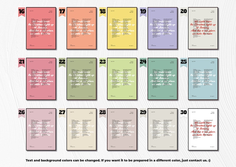 Puede incluir: Un conjunto de 15 p&oacute;sters imprimibles con la letra de la canci&oacute;n "Love Actually" de la banda "The Killers". Los p&oacute;sters est&aacute;n numerados del 16 al 30 y tienen fondos de diferentes colores.
