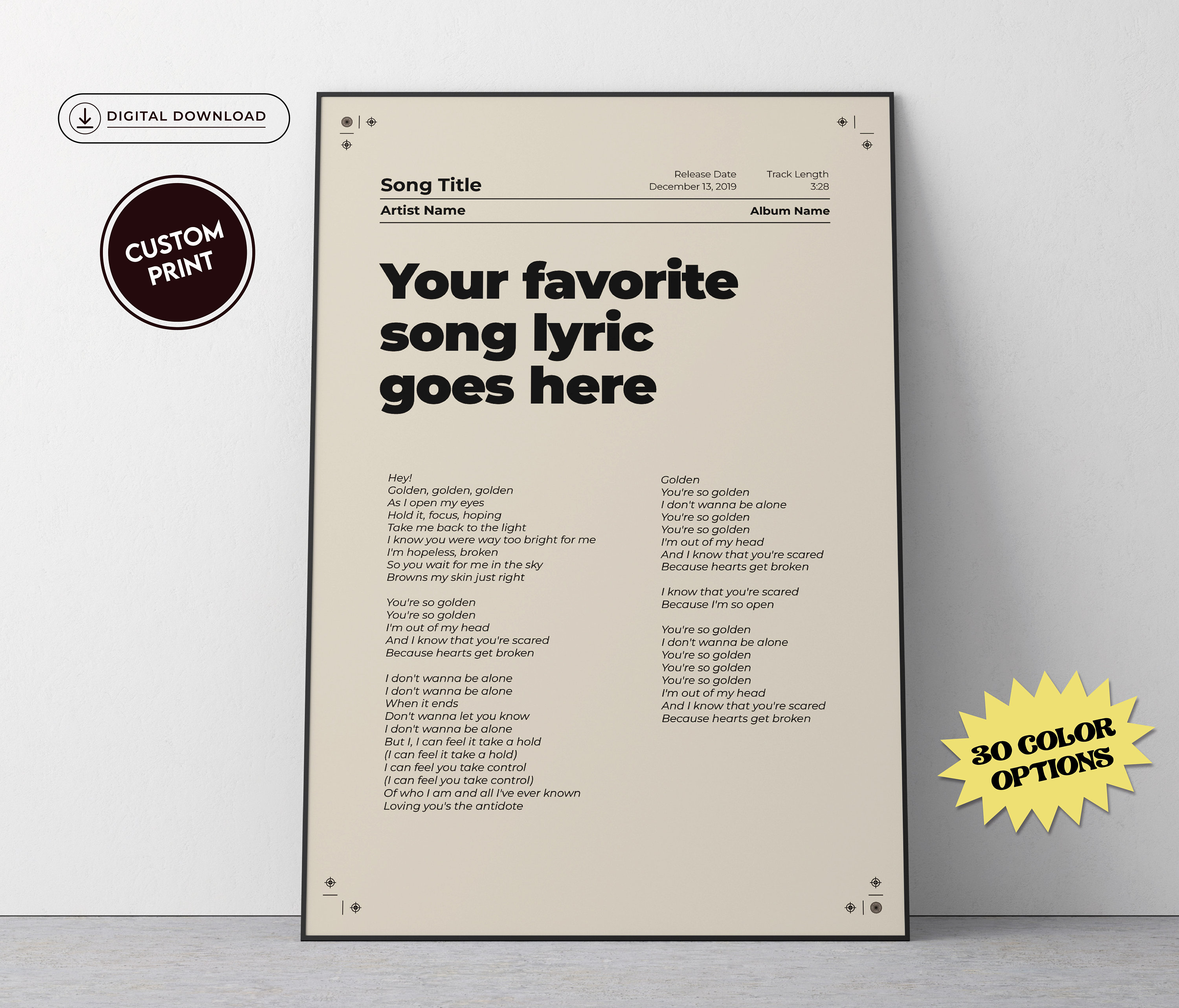 Custom Swiss Style Lyrics Poster, Printable Lyric Poster, Song Lyric Wall Art, Music Poster, Personalised Wall Art, Custom Lyric Poster