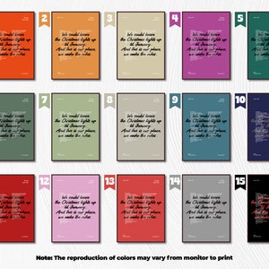 Puede incluir: Quince variaciones de color diferentes de un p&oacute;ster imprimible con la letra de la canci&oacute;n "Love the Christmas Lights" de la banda The Killers. La letra est&aacute; impresa en fuente negra sobre una variedad de fondos de color.