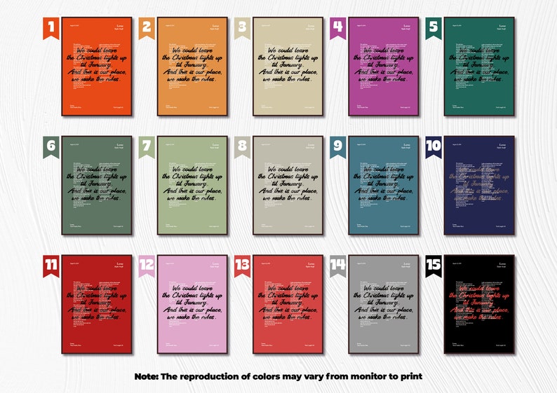 Puede incluir: Quince variaciones de color diferentes de un p&oacute;ster imprimible con la letra de la canci&oacute;n "Love the Christmas Lights" de la banda The Killers. La letra est&aacute; impresa en fuente negra sobre una variedad de fondos de color.