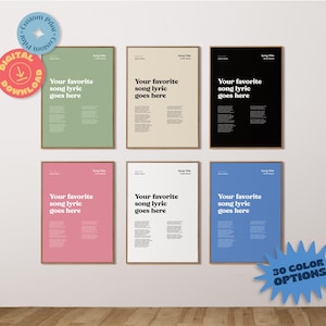 Può includere: Sei poster di testi di canzoni stampabili in diversi colori, tra cui verde, beige, nero, rosa, bianco e blu. Ogni poster presenta il testo "Your favorite song lyric goes here" e le parole "Song Title" e "Artist Name".