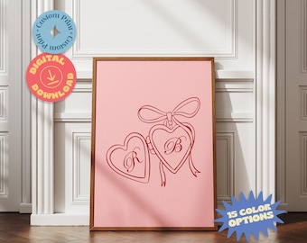 Custom Heart Locket Illustration, Initials Poster Art, Trendy Retro Style Personalized Couple Print, Digital Wedding Gift for Her or Him