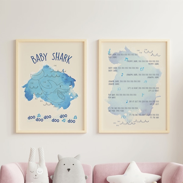 Baby Shark Watercolor Printable Poster Bundle, Baby's Room Lyric Prints, Nursery Wall Art, Baby Shark Lyric Poster,  Kids Room Wall Decor