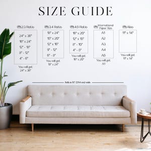 Może przedstawiać: Tabela rozmiar&oacute;w zatytułowana SIZE GUIDE z kolumnami dla proporcji 2:3, 3:4, 4:5, międzynarodowych format&oacute;w papieru oraz opcją 11x14 cali. Tabela zawiera r&oacute;żne wymiary w calach, w tym 24x36, 16x24, 12x18, 8x12, 4x6, 18x24, 15x20, 12x16, 9x12, 6x8, 16x20, 12x15, 8x10, 4x5 oraz od A1 do A5.