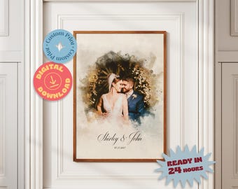 Custom Watercolor Couple Portrait from Photo, Printable Wedding Gift, Personalised Wall Art, Family Portrait, Anniversary Gift for Him Her