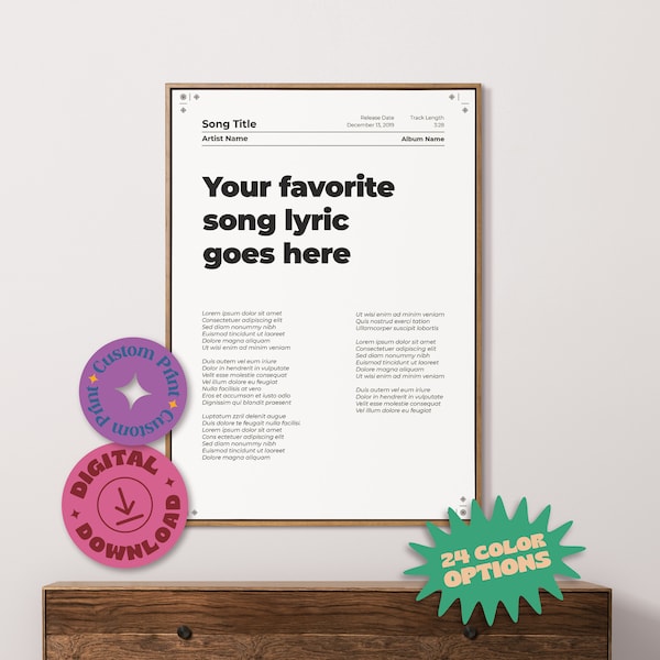 Choose Your Own Song Lyric Poster, Printable Lyric Poster, Song Lyric Wall Art, Music Poster, Personalised Wall Art, Custom Lyric Print