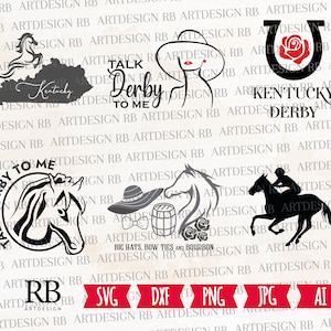 Kentucky Derby SVG/PNG/DXF/Jpeg/Ai Files for Cricut, Talk Derby To Me Svg, Horseshoe Svg, Big Hats Bow Ties and Bourbon, Silhouette Design