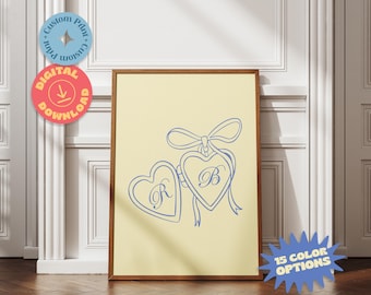Personalized Heart Locket Illustration, Initials Poster Art, Retro Style Custom Couple Print, Digital Anniversary Gift for Her or Him