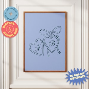 Custom Initials Heart Locket Poster, Romantic Love Print, Trendy Retro Digital Wall Art, Bedroom Wall Art, Wedding Gift, Couple Gift Poster