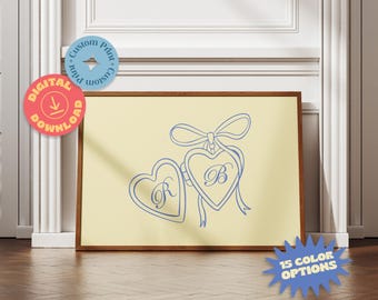 Personalized Heart Locket Illustration, Initials Poster Art, Retro Style Custom Couple Print, Digital Anniversary Gift for Her or Him