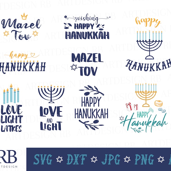 Happy Hanukkah Svg Bundle, Hanukkah SVG/DXF/PNG/Jpeg/Ai Files for Cricut Design, Menorah, Mazel Tov, Love Light Latkes Silhouette Studio