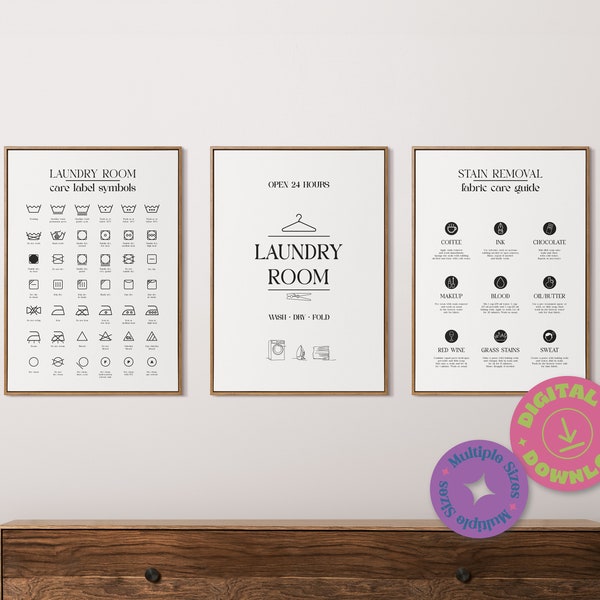 Laundry Room Print Bundle, Stain Removal, Laundry Care Symbols Guide Wall Art, Digital Printable Art, Laundry Room Wall Decor
