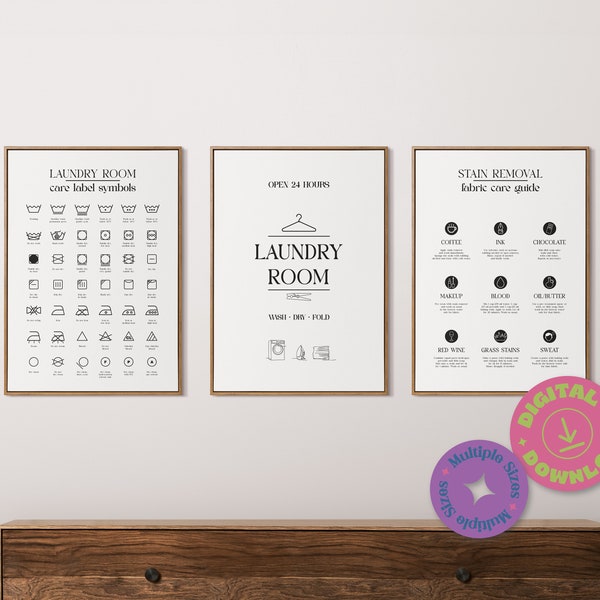 Printset voor wasruimte: gids voor vlekverwijdering, onderhoudssymbolen (digitale download)