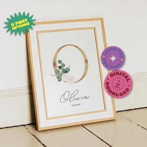 Custom Floral Initial Nursery Poster: Monogram Baby Name Print (Digital Download)
