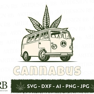 May include: A black and white illustration of a vintage van with a marijuana leaf on top. The van has a peace sign on the front. The text "CANNABUS" is below the van.