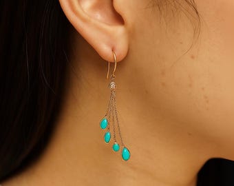 Pendientes colgantes de turquesa, pendientes colgantes de piedra natal de diciembre, pendientes ligeros de oro de 14k para mujer, joyería con gema de turquesa natural