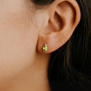 14k Gold Peridot Stud Earrings, Marquise Cut Dainty Earrings for Women, Minimal August Birthstone Jewelry, Stackable Gemstone Studs